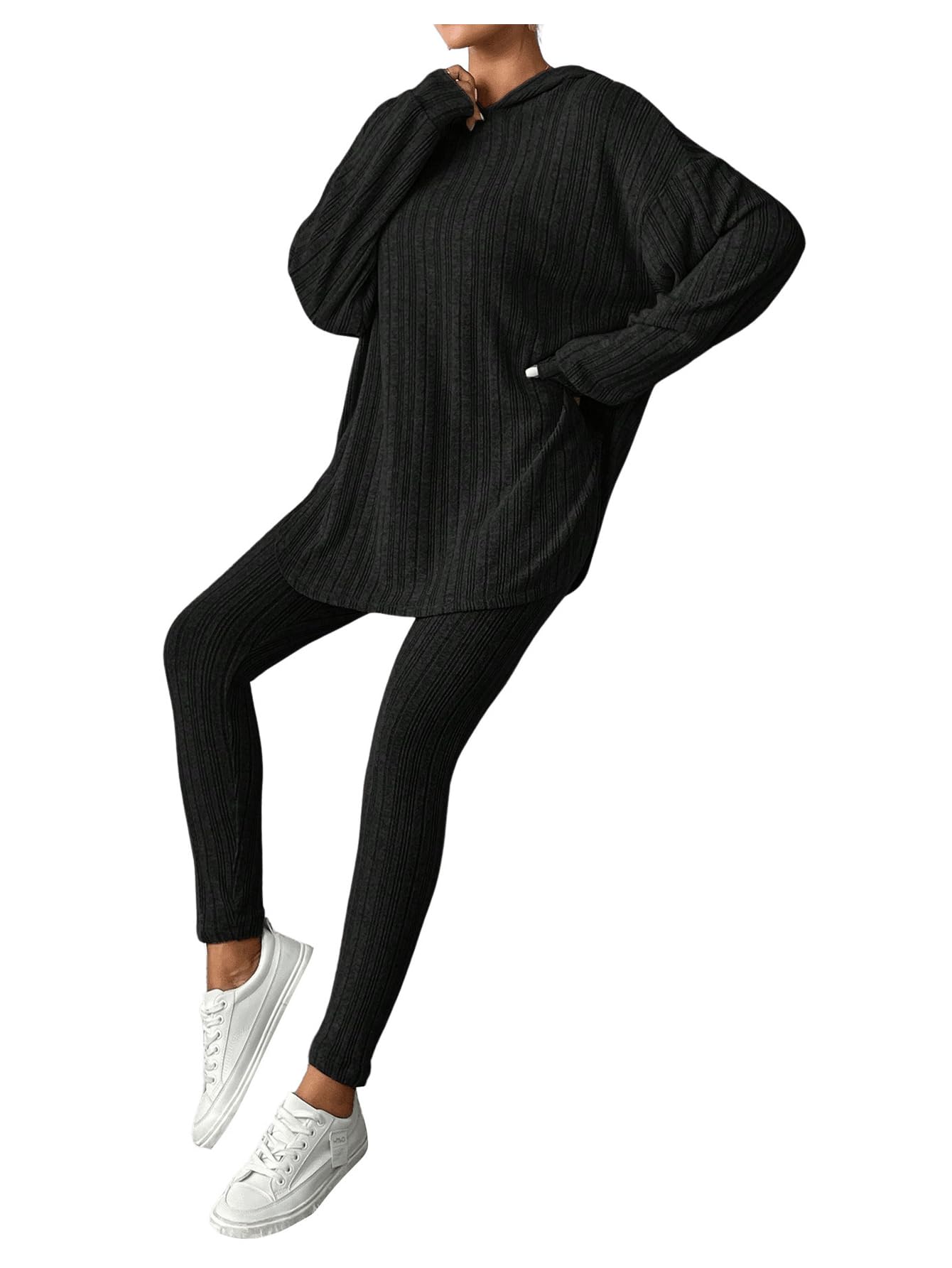 SweatyRocks Damski dwuczęściowy dres do joggingu, z dzianiny żeberkowej, z długim rękawem, bluza z kapturem, spodnie z dzianiny, zestaw do noszenia na co dzień
