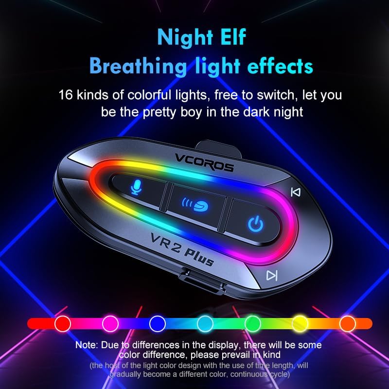 Miniatura 4 de VCOROS Auriculares para casco de motocicleta con luces RGB, intercomunicador de casco de 2 vías para 2 conductores, intercambio de música (N+), chip