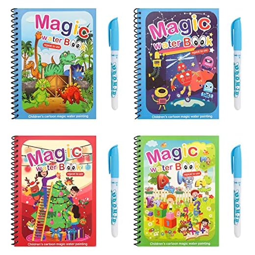 Libro de Dibujo de Agua Mágica,4 Piezas Libros de pintura de agua para niños Libros de dibujo mágicos reutilizables Juegos de garabatos para regalos de niños(Dinosaurios, Robots, Carta, Navidad)