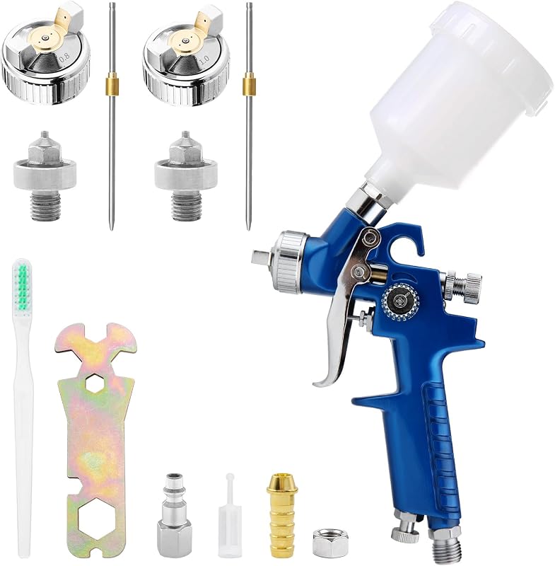 Mini pistola de pintura HVLP RRJ com bicos de 0,8 e 1,0 mm, copo de 125 mL e kit para retoques automotivos azul
