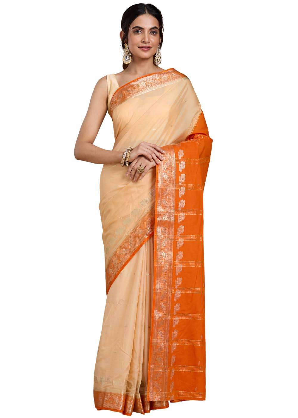 Vervee Couture Women Silk Blend Cream and Orange Woven Saree with Unstitched Blouse | EKA-image-34