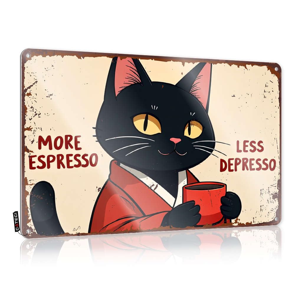Fzfn Colour Clean Plaques Rustic Wall Poster, Books Funny Quote Design For Basement Bar Garage | Accessories Anti-Rust Metal More Espresso, Less Depresso - Cat's Coffee Fix(30X40cm)
