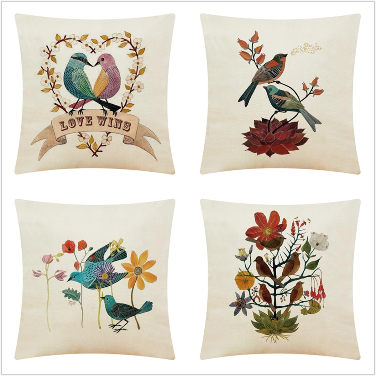 Fundas Cojines 65x65cm,Juego de 4 Fundas de Cojines Modernas Lino Decorativa Hogar Almohadas Fundas para Sala Sofá Cama Decoración para Hogar Flor de pájaro Colorido