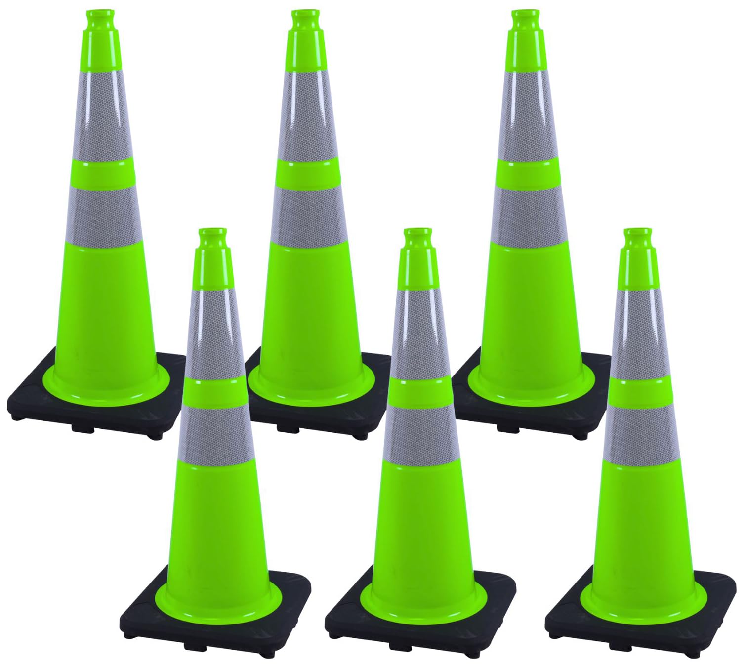 6 Pack 28'' Green PVC Traffic Cones Road Construction Cones with Black Base and Reflective Stripes Safety Cones for Parking Lots Driveways Construction Areas and Traffic Control