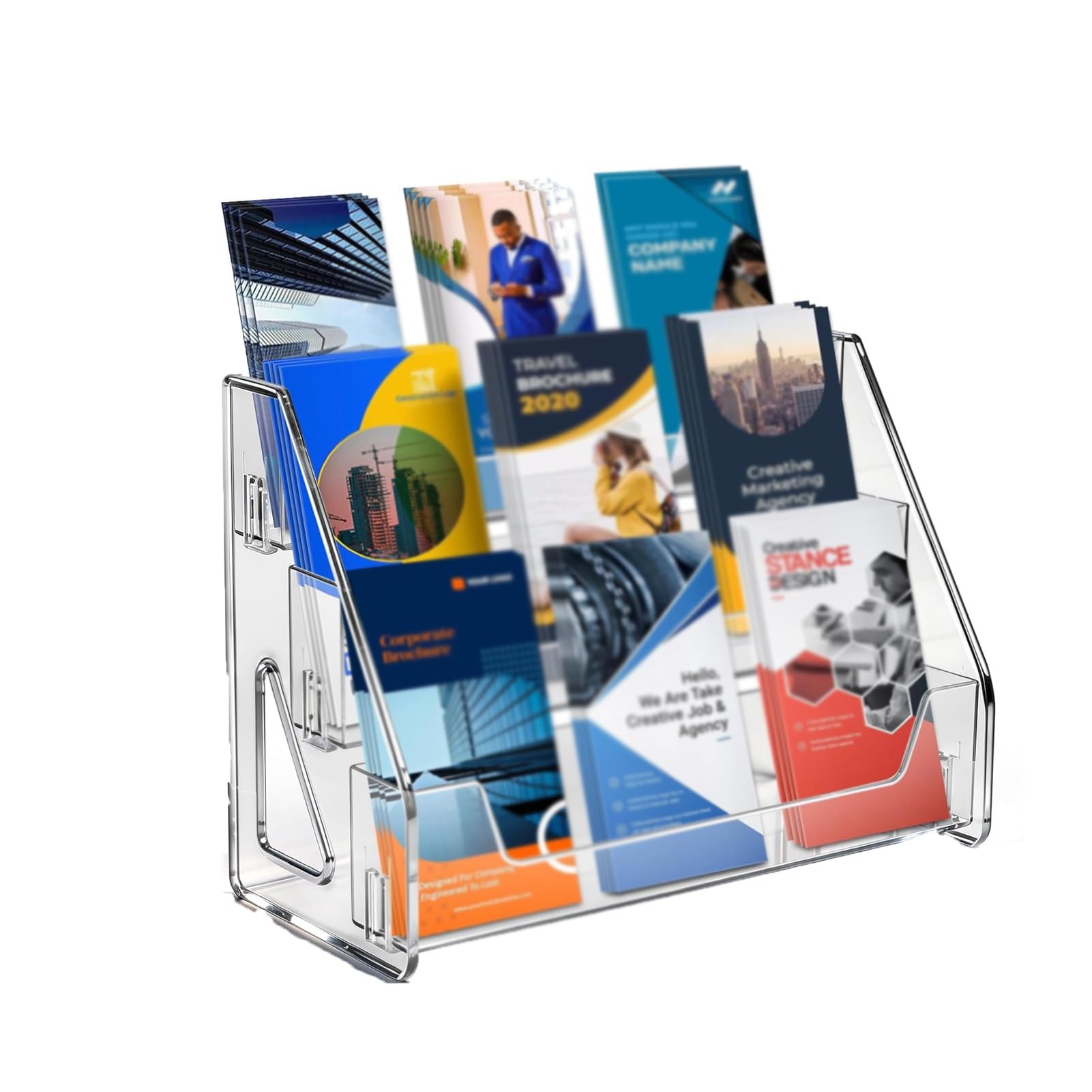 JOUFNING 3 Tier Clear Acrylic Brochure Holder, Catalog Display Rack, File Organizer for Desk, for Cards, Brochures, Pamphlets, Flyer, Signs, Durable Space Saving