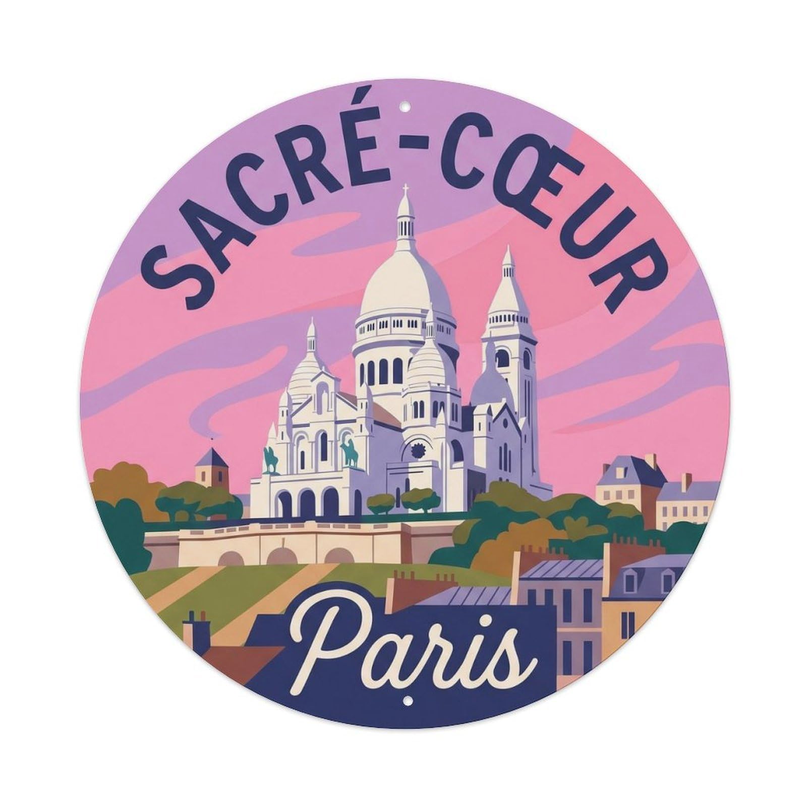 Vintage Travel Sacre Coeur Montmartre Metal Tin Sign Plaque Wall Decor for Cafe, Club, Garden Round Metal Poster 8x8Inch