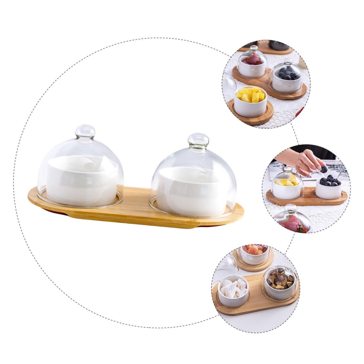 SOLUSTRE 2 Juegos Bol de Elegante para Servir Postres y Ensaladas con Superficie Lisa y Fácil Limpieza para Restaurante y Hogar Incluye Tapa Transparente y Bandeja