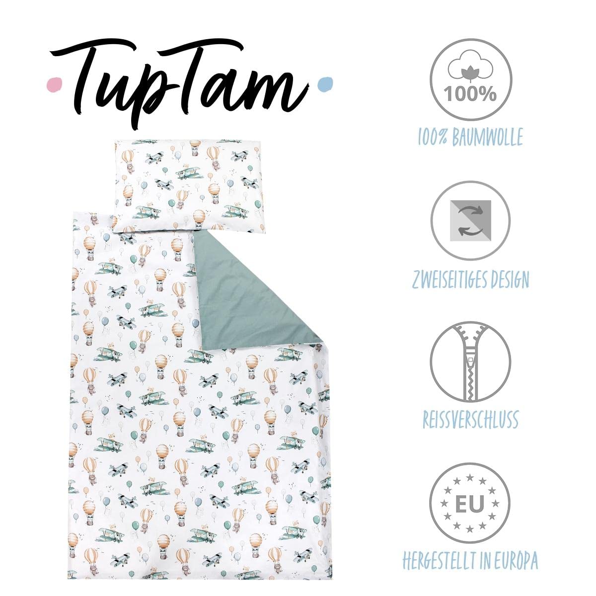 TupTam Juego de Ropa de Cama para Niños, de 2 Piezas., Zorros en el avión/Verde, 120x90 cm — view 2