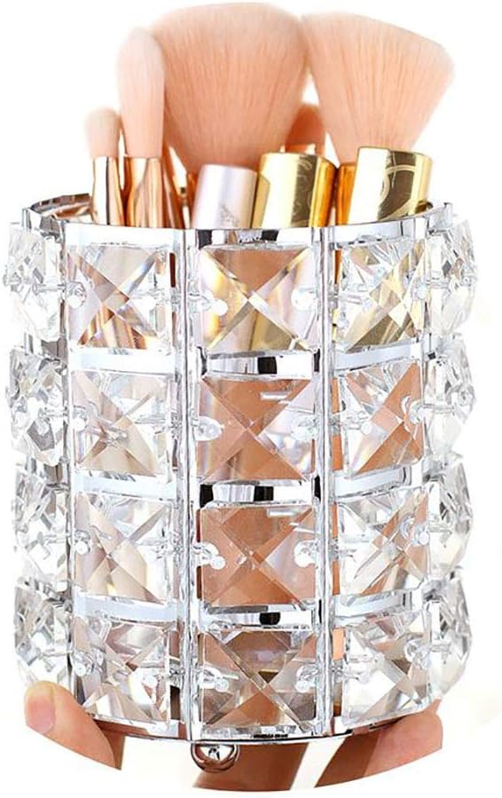 Handcrafted Crystal Makeup Brush Holder Eyebrow Pencil Pen Cup Collection Cosmetic Storage Organizer for Vanity,Bathroom,Bedroom,Office Desk (silver)