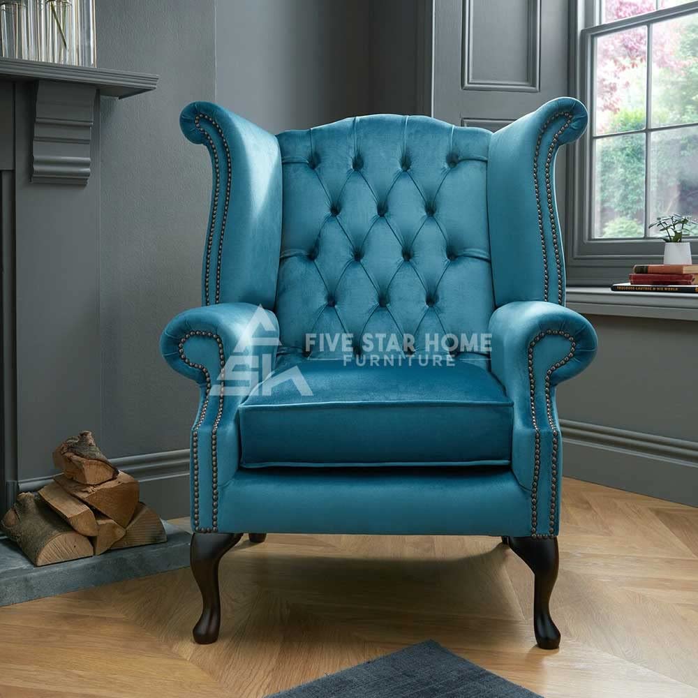 FSH Furniture Chesterfield High Back Wing Upholstered Chair 107cm H x 87cm W x 84cm D Sky Blue