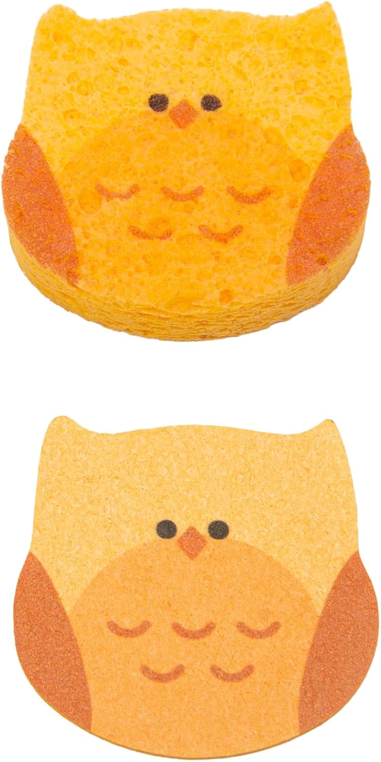 Cute Compressed Wood Pulp Cotton Sponges Animal-Shaped Reusable and Highly Absorbent for Dishwashing, Kitchen Surfaces, and Bathroom Cleaning,Owl,1 Pcs
