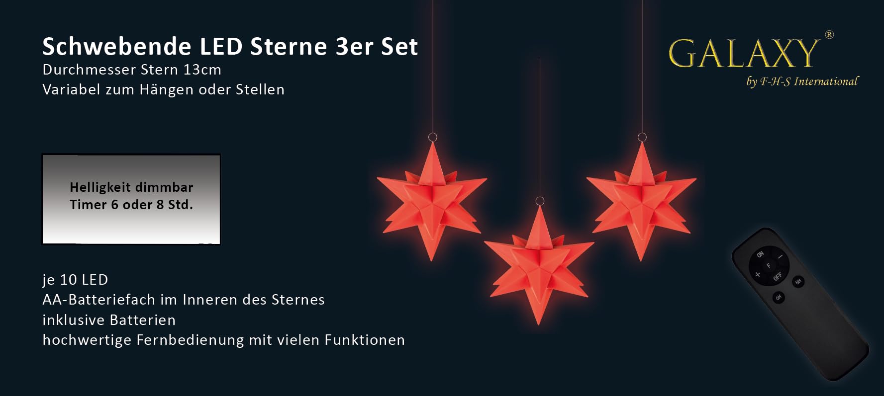 Galaxy "schwebende" LED Kunststoff-Sterne, 3er Set, rot, je10 weiße LED, Stern 13 cm, FB mit EIN-/ AUS Schalter, Dimmer und Timerfunktion 6/18 Std, Batterien inklusive