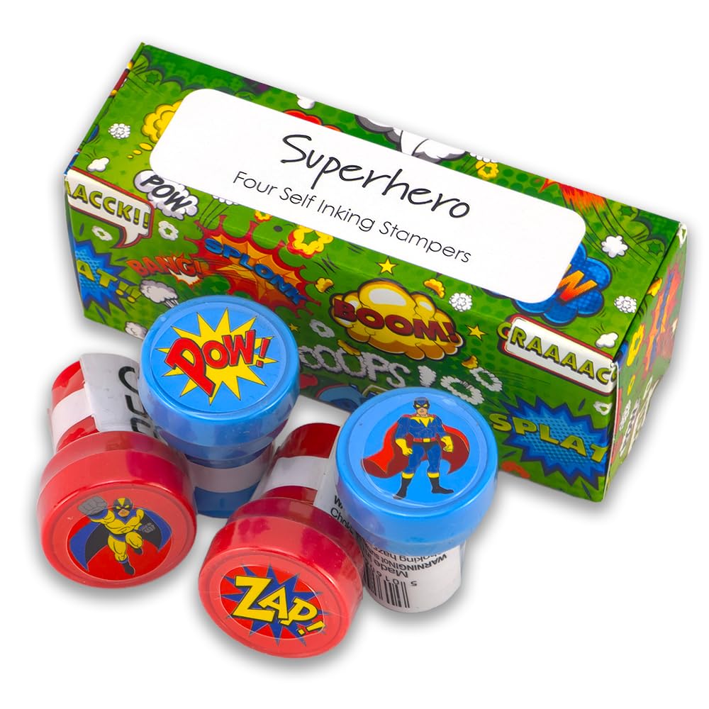 That's Crackers Superhero | 4 Self Inking Stampers for Kids | Cracker Filler | Party Bag Gift