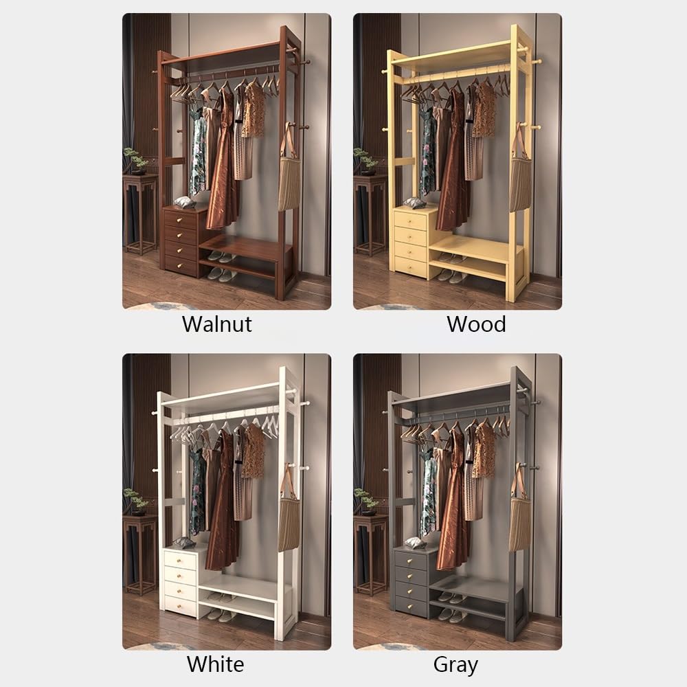 colgador de árbol Perchero de madera maciza for suelo, dormitorio, Zapatero, sala de estar, perchero con cajón, multifuncional, nuevo estilo chino, estante de almacenamiento árbol de pasillo(Wood)