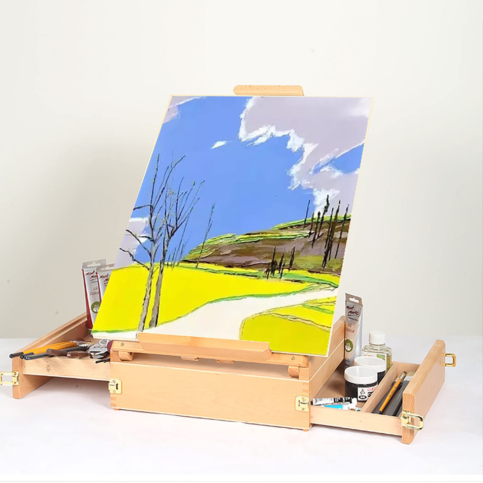 Studio Sketchbox Table Easel with Lined Drawer, Adjustable Solid Beech Wood Tabletop Easel And Sketchbox Artist Easel with Storage, Art Supplies Gift for Beginners, Kids, Adults