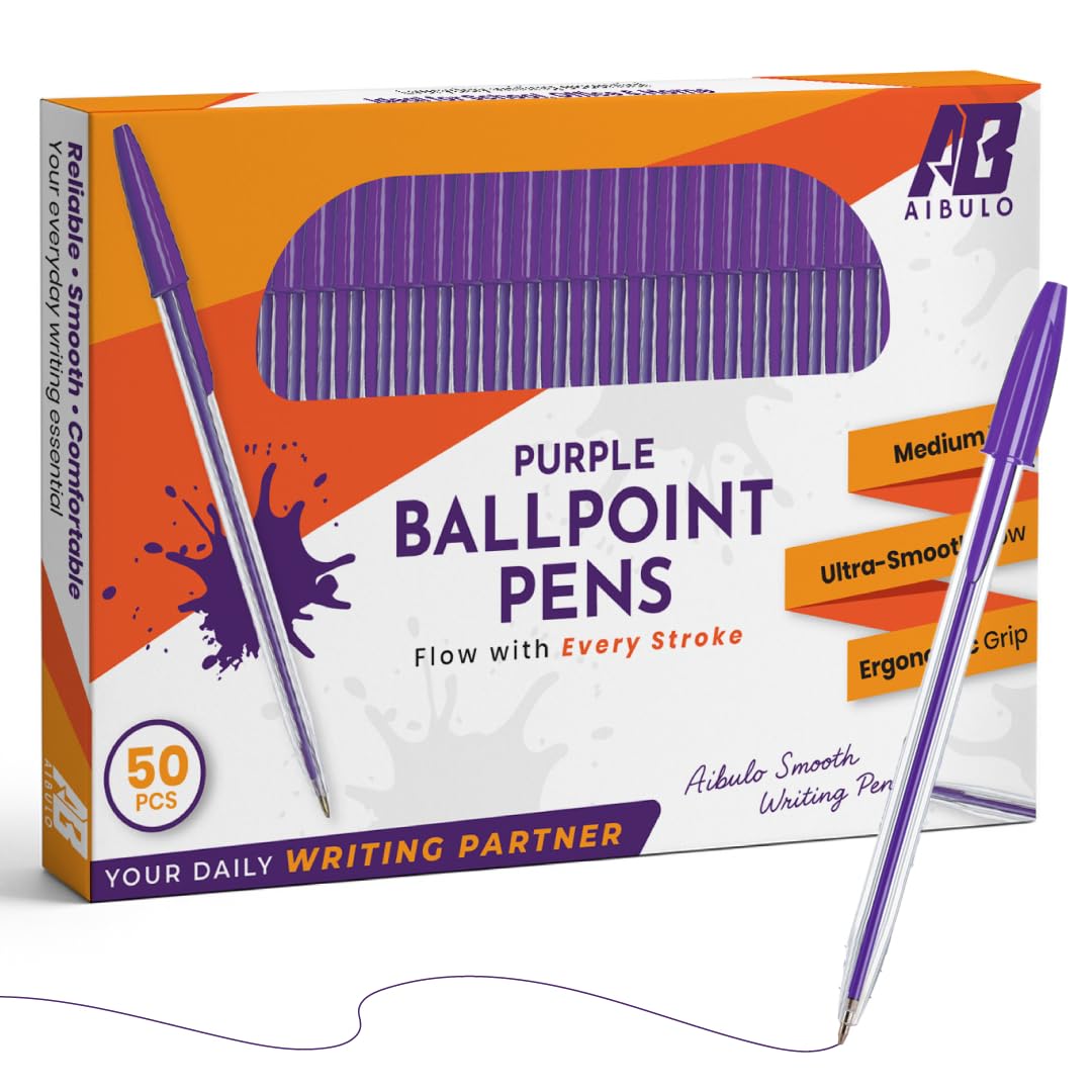 AIBULO 50-Pack Purple Ballpoint Pens | Smooth Writing Pens with Medium Tip | Bold Purple Ink | School, Office, Study & Stationery Supplies | Ergonomic Grip | Pen Set for Teachers & Students