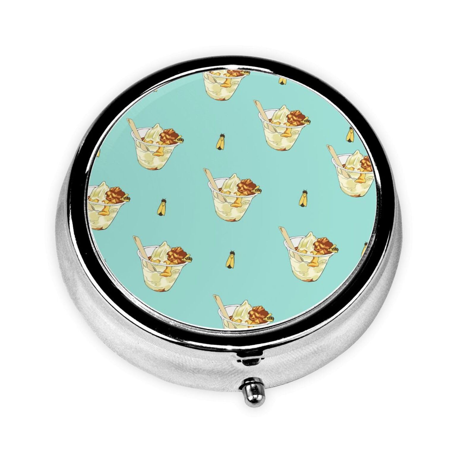 Cute 3-Compartments Round Pill Box Honey Sundae Small Pill Case Portable Medicine Dispenser,for Pocket Purse
