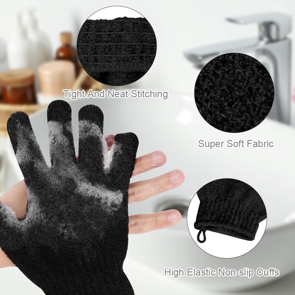 Vicloon Gant de Douche Exfoliante, 4PCS Gants de Bain Exfoliants, 1PCS Sangle de Bain, Gommage Du Dos pour La Douche, Élimine Peaux Mortes, Poils Incarnés, Impuretés, Toutes Peaux (Noir)
