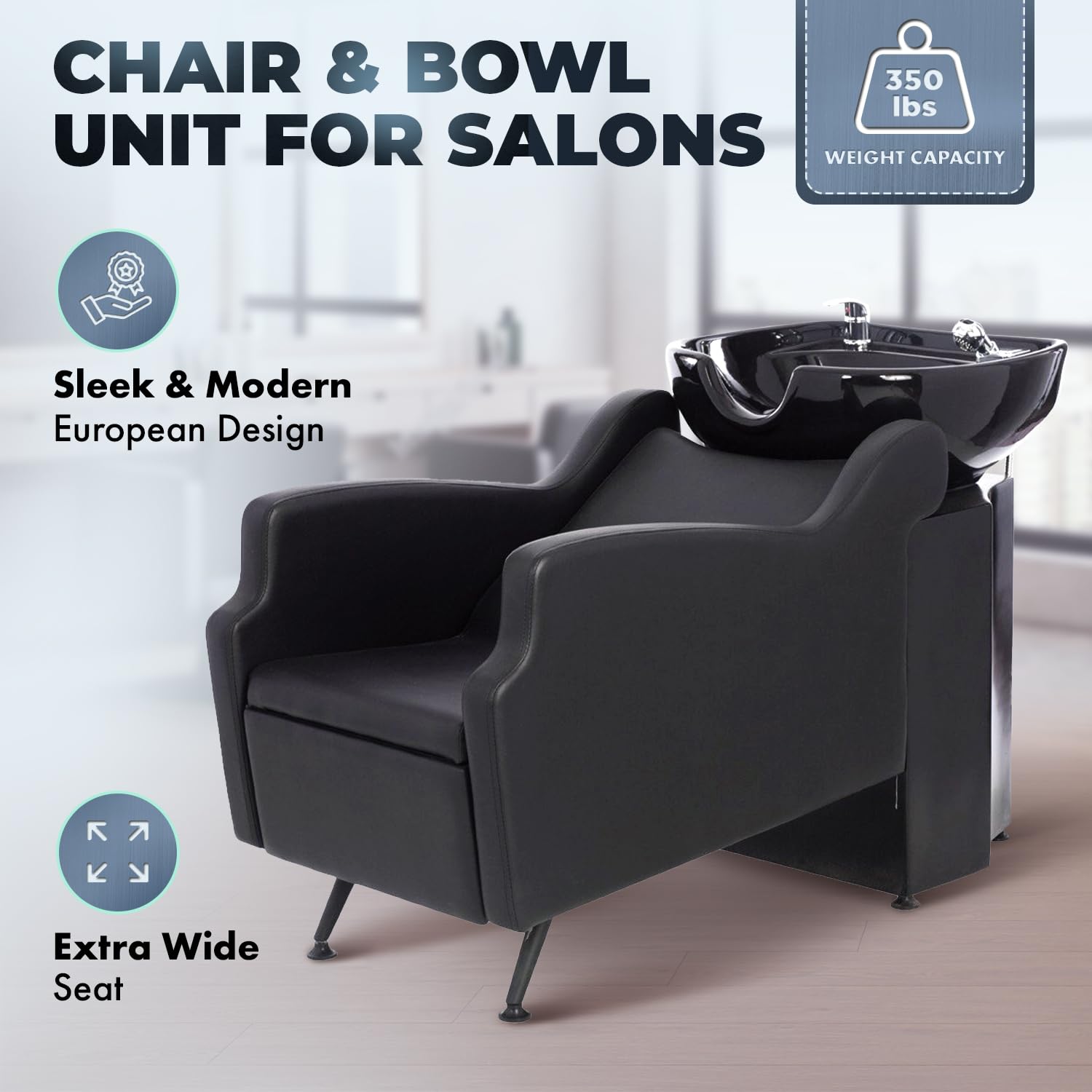 Buy-Rite Oasis Shampoo Backwash Station for Salons - All-Black Chair & Extra-Large Bowl Combo, Single Lever Hot/Cold Faucet, Lumbar Support, Vacuum Breaker, 56"x20"x33.5", TS-8076-BLK