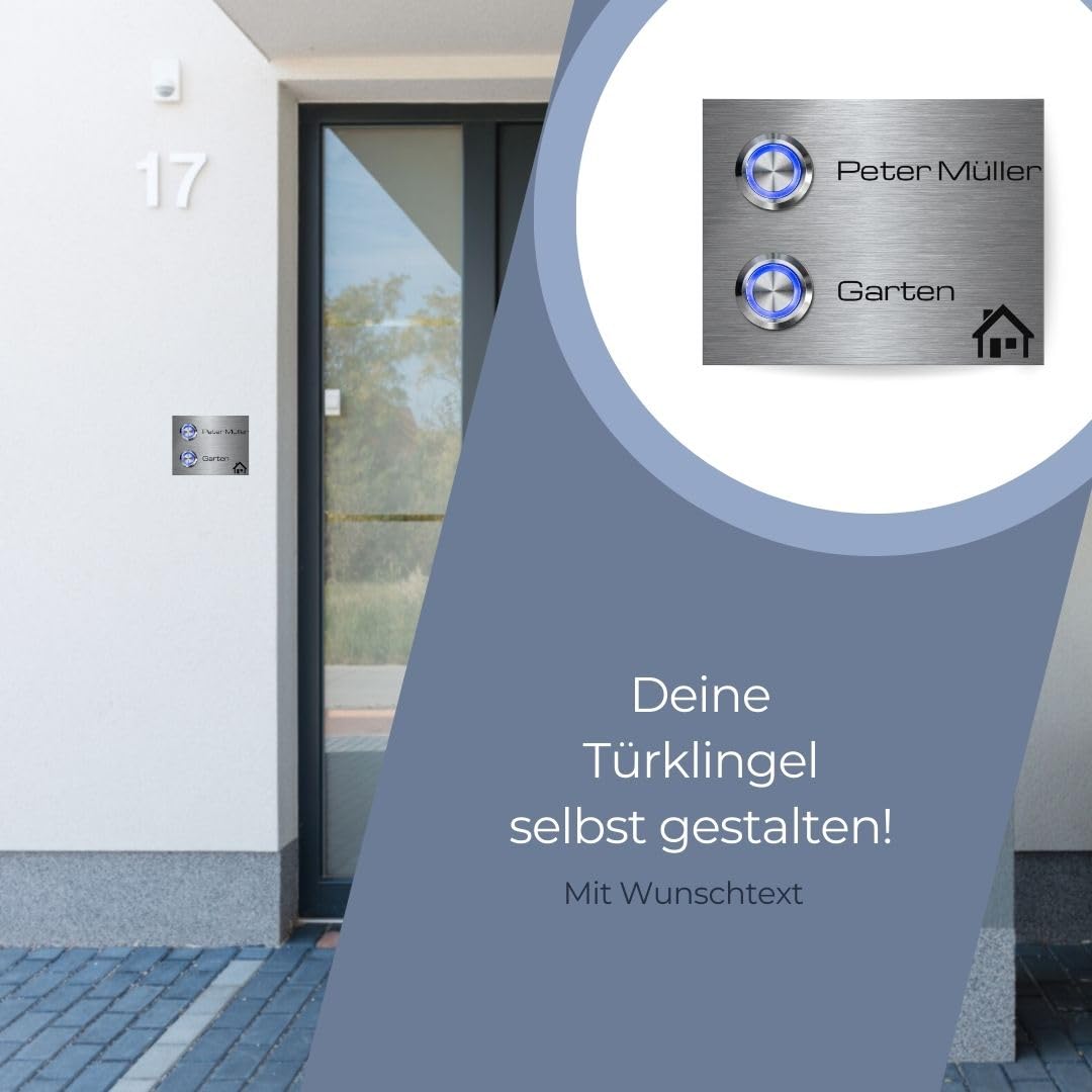 2 Fach Türklingel Doppel-klingel mit zwei Tastern und Namen - Edelstahl Klingelplatte Modell Twin ab 9x7 cm für 2 Familien | Optional mit beleuchteten Klingelknöpfen