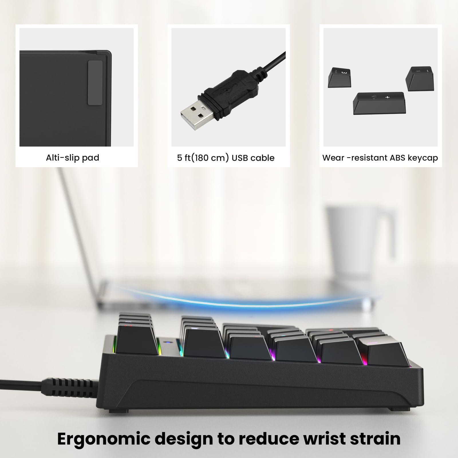 Gurjot Mechanische Ziffernblock, USB-verkabelt, 21-Tasten-Nummernblock, RGB-Hintergrundbeleuchtung, Anti-Ghosting-Tastatur für Laptop, Desktop-PC, Excel-Buchhaltungsdateneingabe