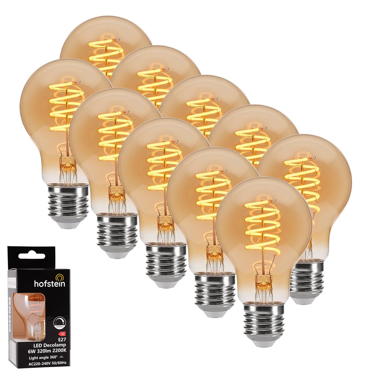 HOFSTEIN E27 LED Warmweiss Glühbirne Vintage Leuchtmittel 10er Set 6 Watt, 2200 K, 320 Lumen, Dimmbar, A60, Kugelform Bernsteinoptik kleine energiesparende Glühlampe für Wohnraumbeleuchtung