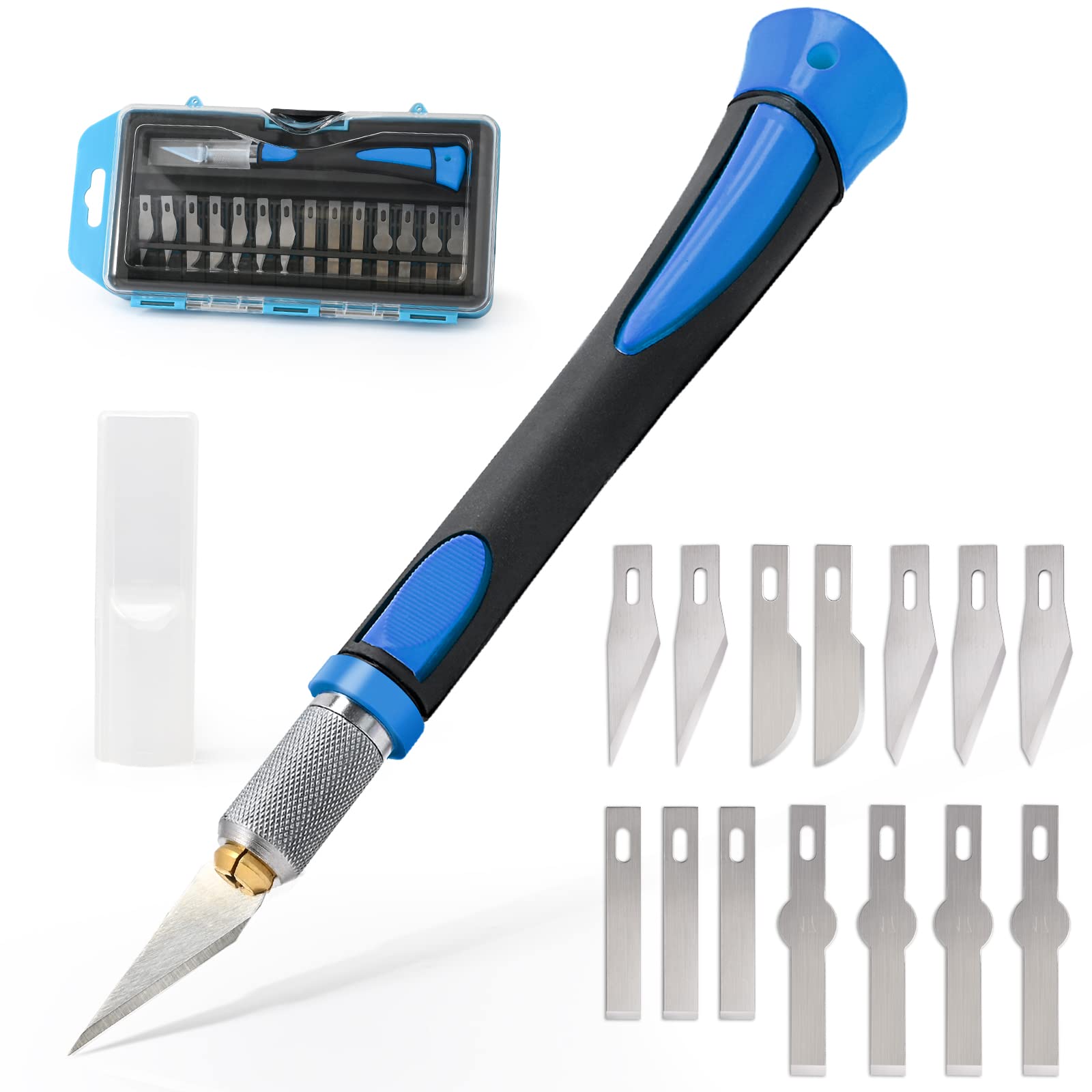EHDIS Cuter Manualidades Set 15 Piezas, Kit De 1 Asas Y 14 Cuchillas De Repuesto, Bisturi Manualidades, Cutter Precision, Para Arte, Pasatiempos, álbumes de Recortes y Esculturas, Azul
