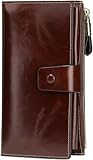 Womens Wallet RFID Blocking Large Capacity Luxury Wax Genuine Leather Wallets Clutch Wallet Ladies Card holder&comma; Coffee