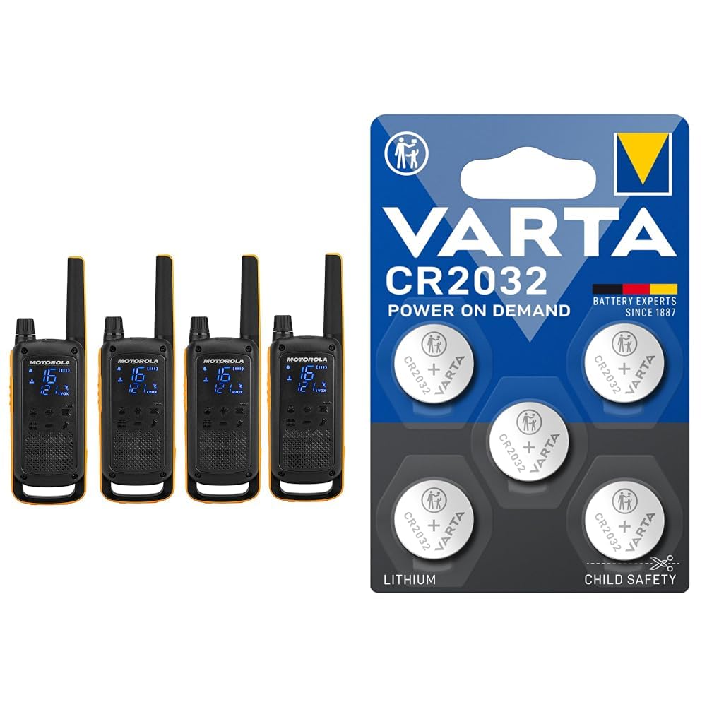 Motorola Talkabout T82 Extreme Quad PMR Funkgerät & VARTA Batterien Knopfzellen CR2032, 5 Stück, Power on Demand, Lithium
