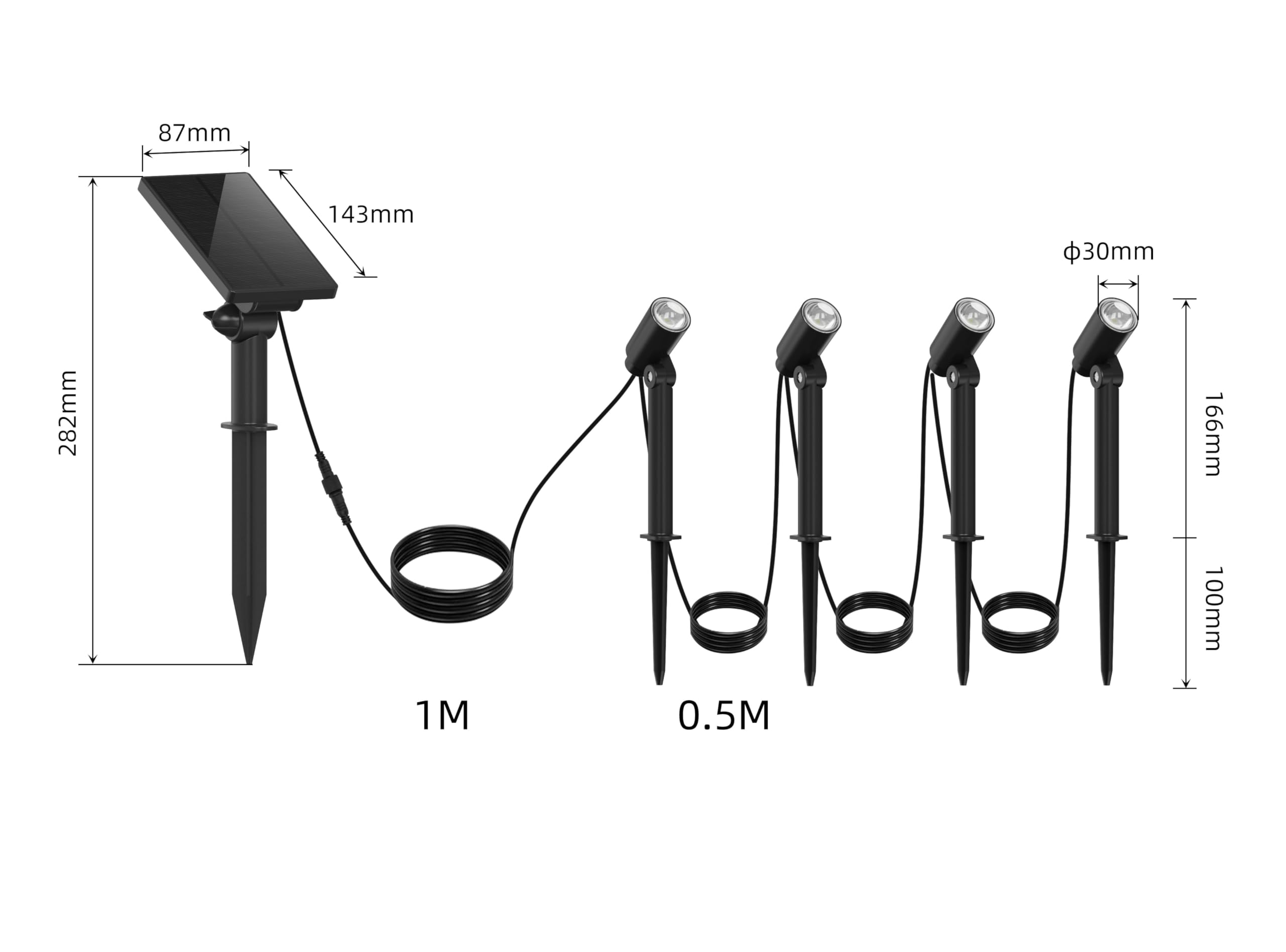 Zestaw 4 lamp solarnych LED w kolorze ciepłej bieli z zewnętrznym panelem słonecznym MINI ROUNDY do montażu na podłodze lub do montażu na ścianie