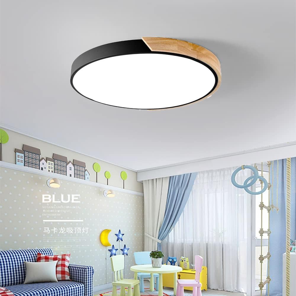 Dimmable LED Flush Mount Ceiling Light Fixture with Wood,36W 20Inch Modern Close to Ceiling Lamp for Bedroom Kitchen,3000K-6000K Light Color Adjustable Recessed Indoor Lighting Black Pendant Light