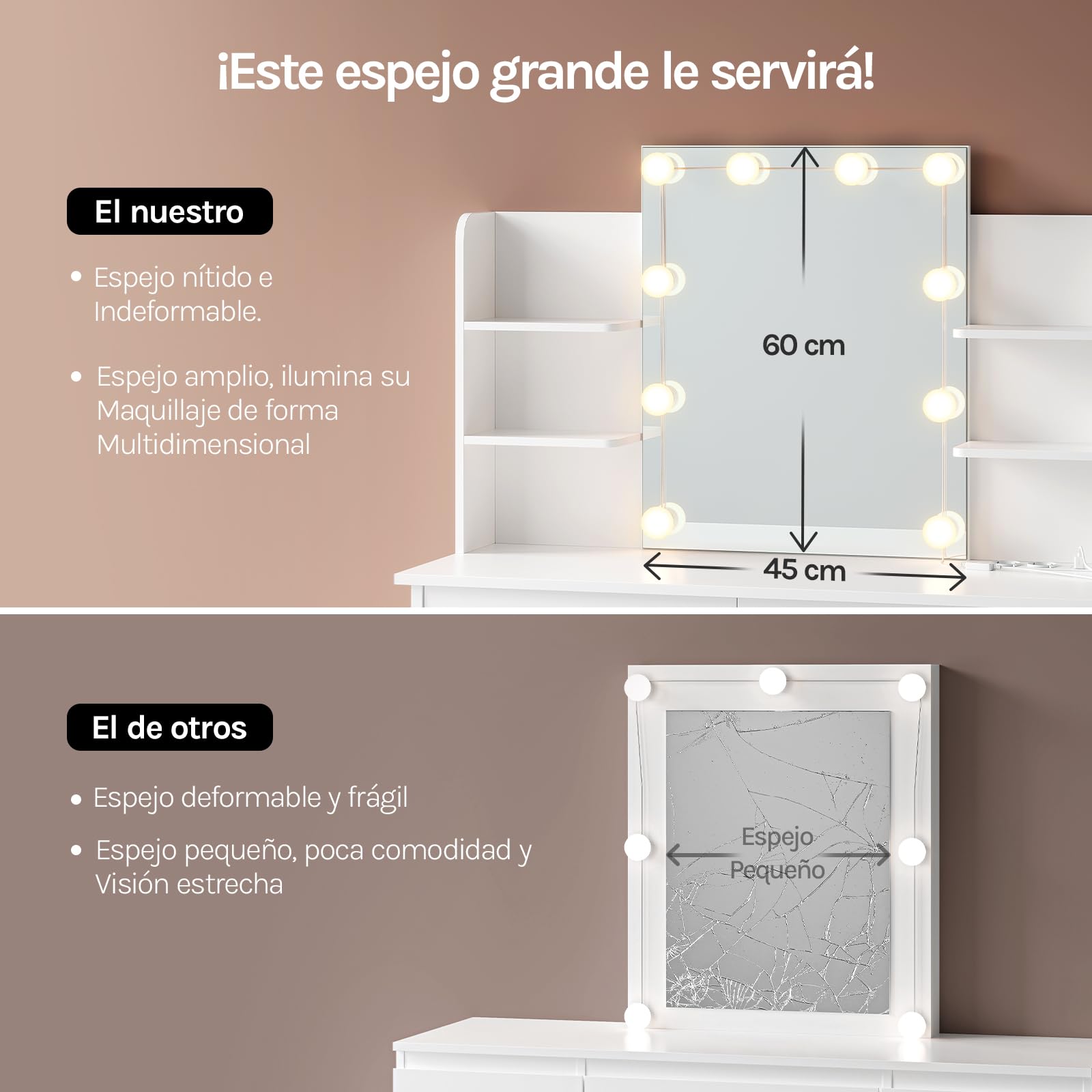 WOLTU Tocador de Maquillaje con Espejo, Luz LED, Regleta de Enchufes, 2 Cajones y 4 Estantes, Ancho 90 cm, Mesa de Tocador Moderno para Dormitorio, Blanco, MB6123ws