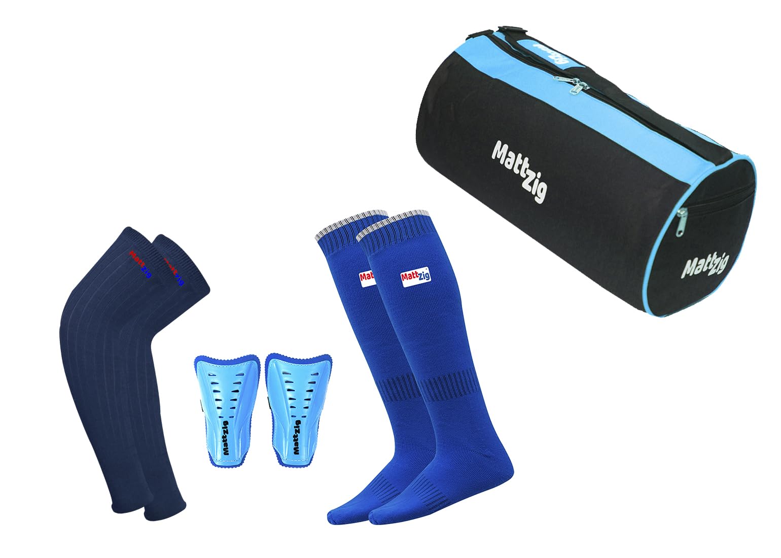 MattZig® Club Football Kit (One Pair of Knee Length Poplin Socks + One Pair of Shin Guard + One Pair of Cotton Arm Sleeves + One Kit Bag) (Light Blue)