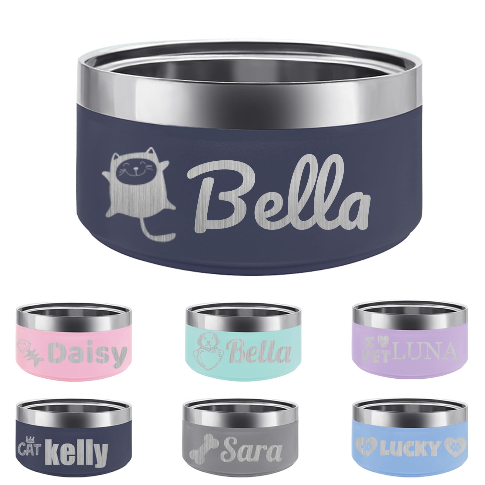 Personalized Stainless Steel Dog Cat Bowl with Name,Customized Laser Engraved Pet Bowl Non Slip for Water and Food 25oz,40oz,53oz (Navy Blue)