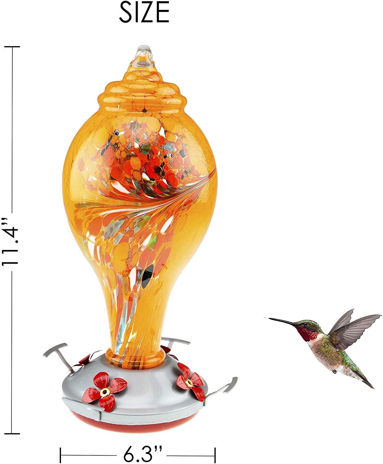 CLEVER GARDEN Hummingbird Feeder with Perch | Hand Blown Bulb Glass in Orange | 34 Fluid Ounces Humming Bird Nectar Capacity with Hanging Metal Wires and Ant Moat Hook