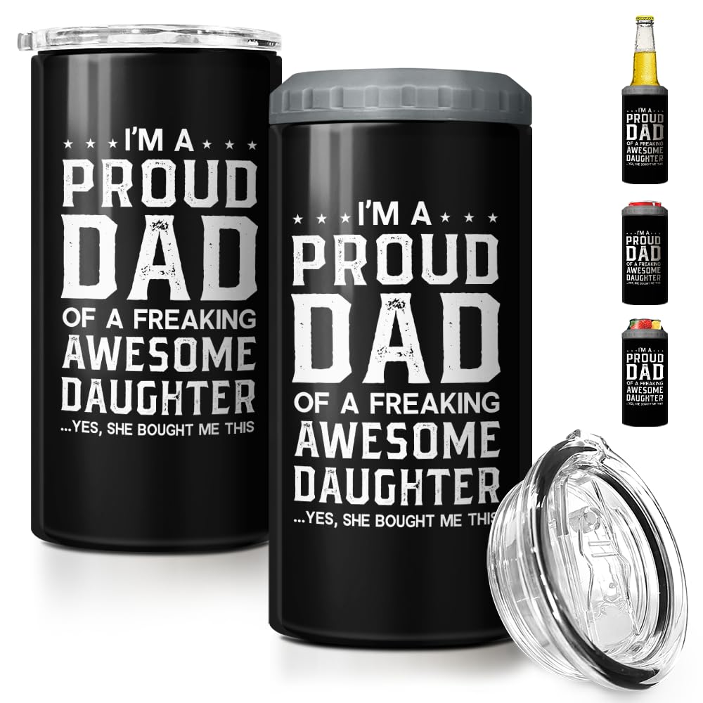 SANDJEST 4-in-1 Dad Tumbler Gifts for Dad from Daughter - 12oz Funny Proud Dad Can Cooler Tumblers Cup - Stainless Steel Insulated Cans Coozie Travel Mug Christmas, Birthday, Father's Day Gift