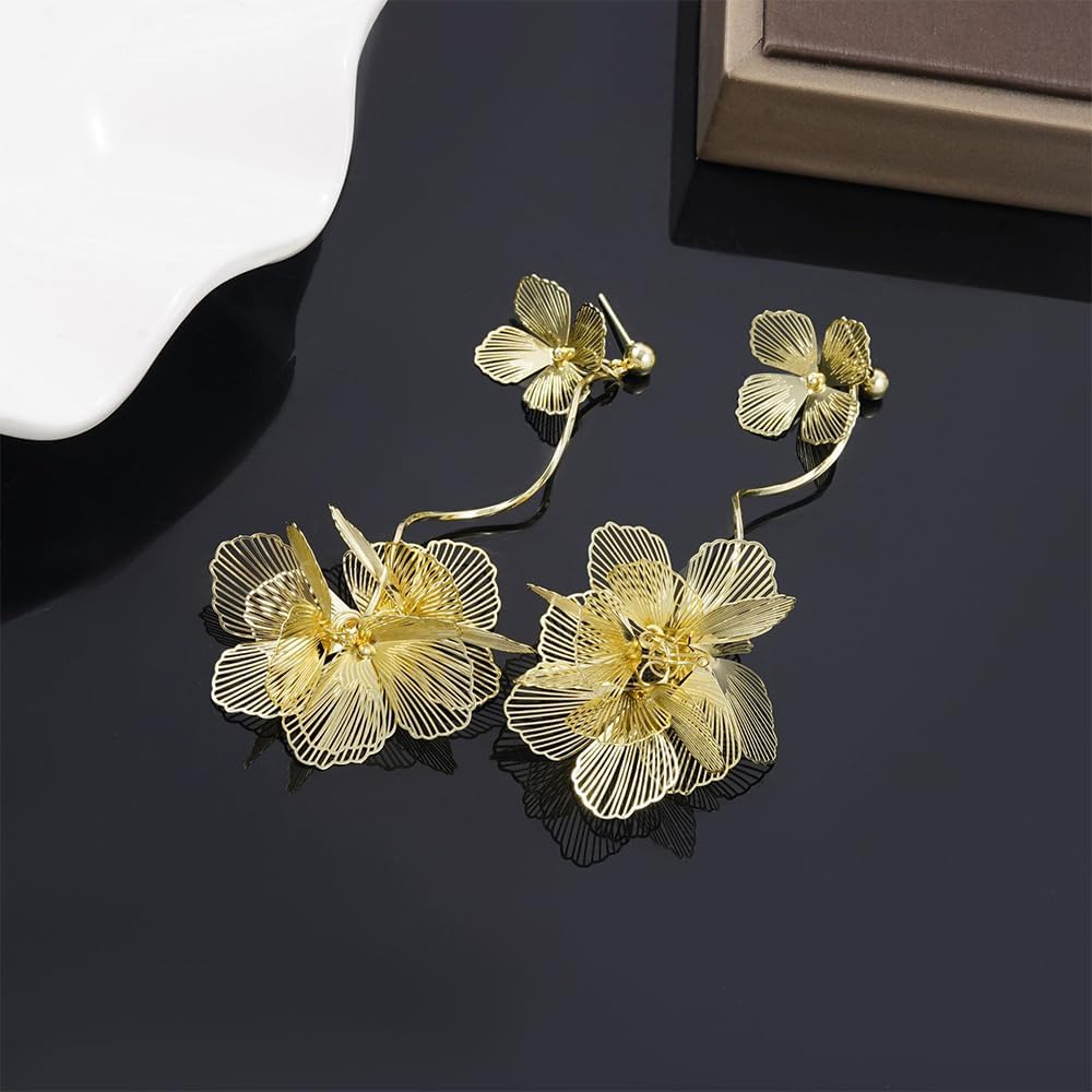 Long Gold Filigree Flower Earrings for Women Dangling Bohemian Layered Floral Statement Tassel Earring Trendy Boho Ginkgo Biloba Leaf Petal Jewelry - Image 8