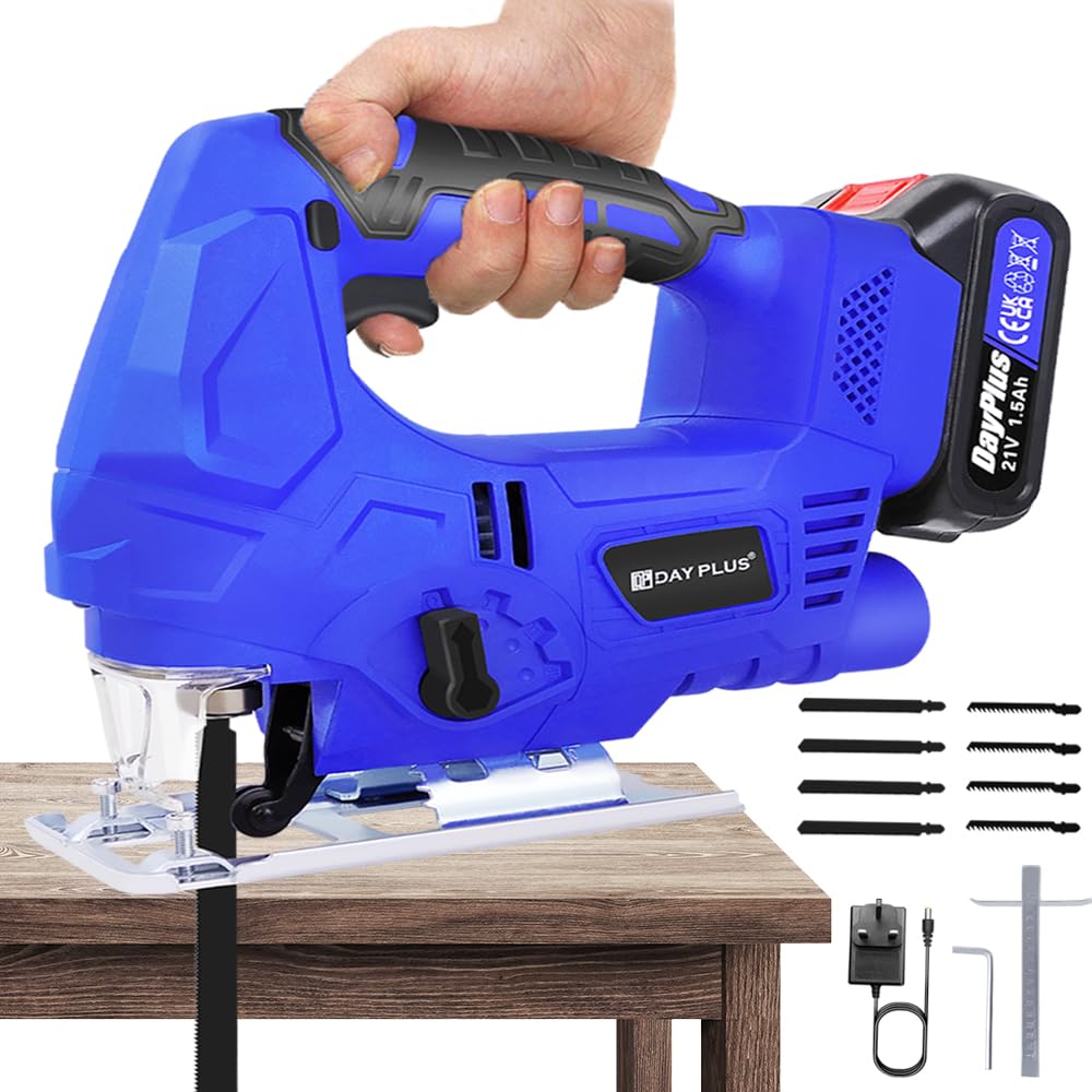 Electric Jigsaws Tool Cordless Mini Jigsaw with Battery and Charger for Wood, Metal and Plastic Cutting, Angle Cut ± 45 °, 4 Orbital Sets, Power Jig Saw with 8pcs Blades, Guide Ruler & Wrench