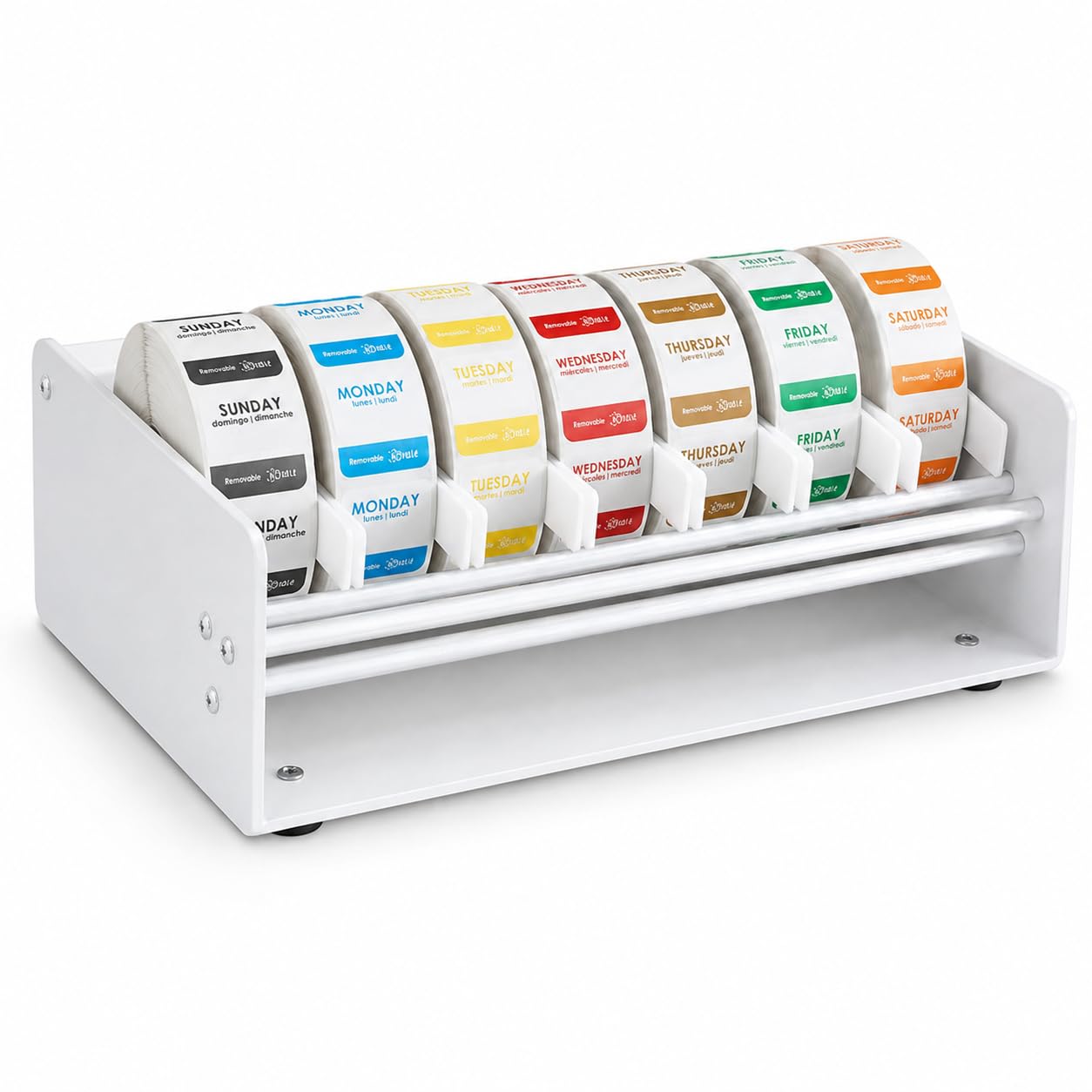 7-Slot Label Dispenser with Dissolvable Day of the Week Labels by Glownary – Steel, Model 322DDISPKIT2