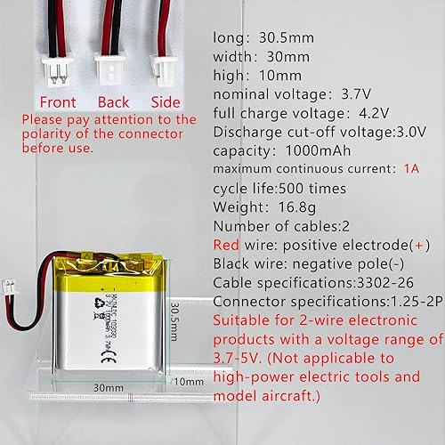 Miniatura 2 de HXJNLDC DC 3.7V 1000mAh 103030 Batería recargable de polímero de litio, adecuada para productos electrónicos de bricolaje 3.7-5V con reemplazo de