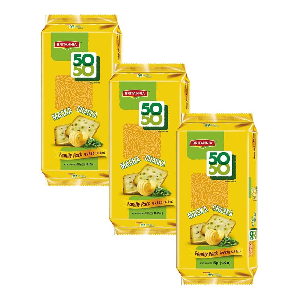 Britannia Crackers 50 50 Maska Chaska Biscuit 13.12oz (372g) - Dipped in Butter and Peppered - Delicious, Light & Crispy Cookies (Pack of 3)