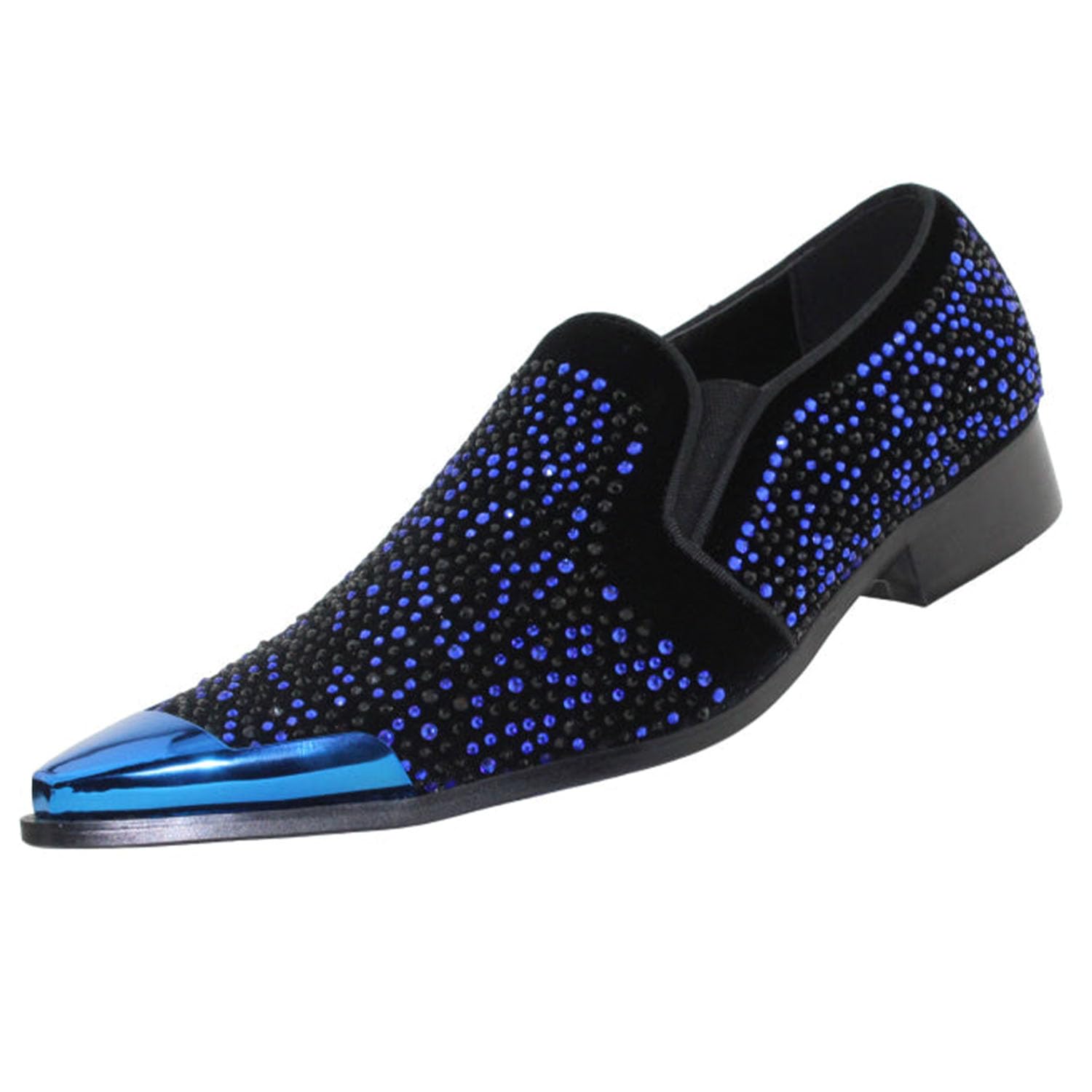 Bolano x Amali Men's Dress Loafers with Rhinestones, Slip-On, Tuxedo Loafer Shoes for Men, Pointed Toe with Metal Tip, Size Up