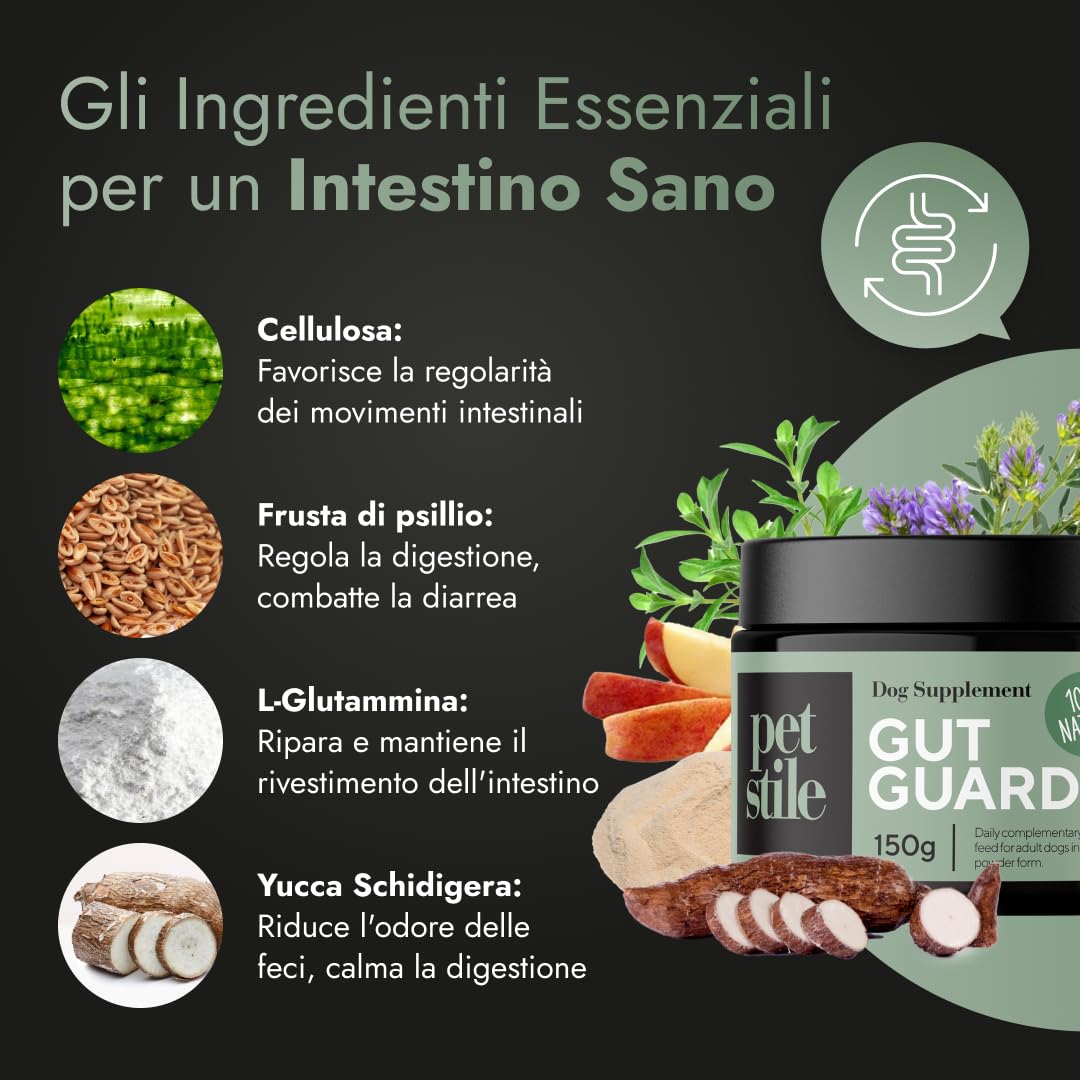 Gut Guard – Integratore per la digestione dei cani con ingredienti naturali, prebiotici e fibre – Supporta intestino, regolarità e benessere generale - Per cani di tutte le età (1x 150 g)