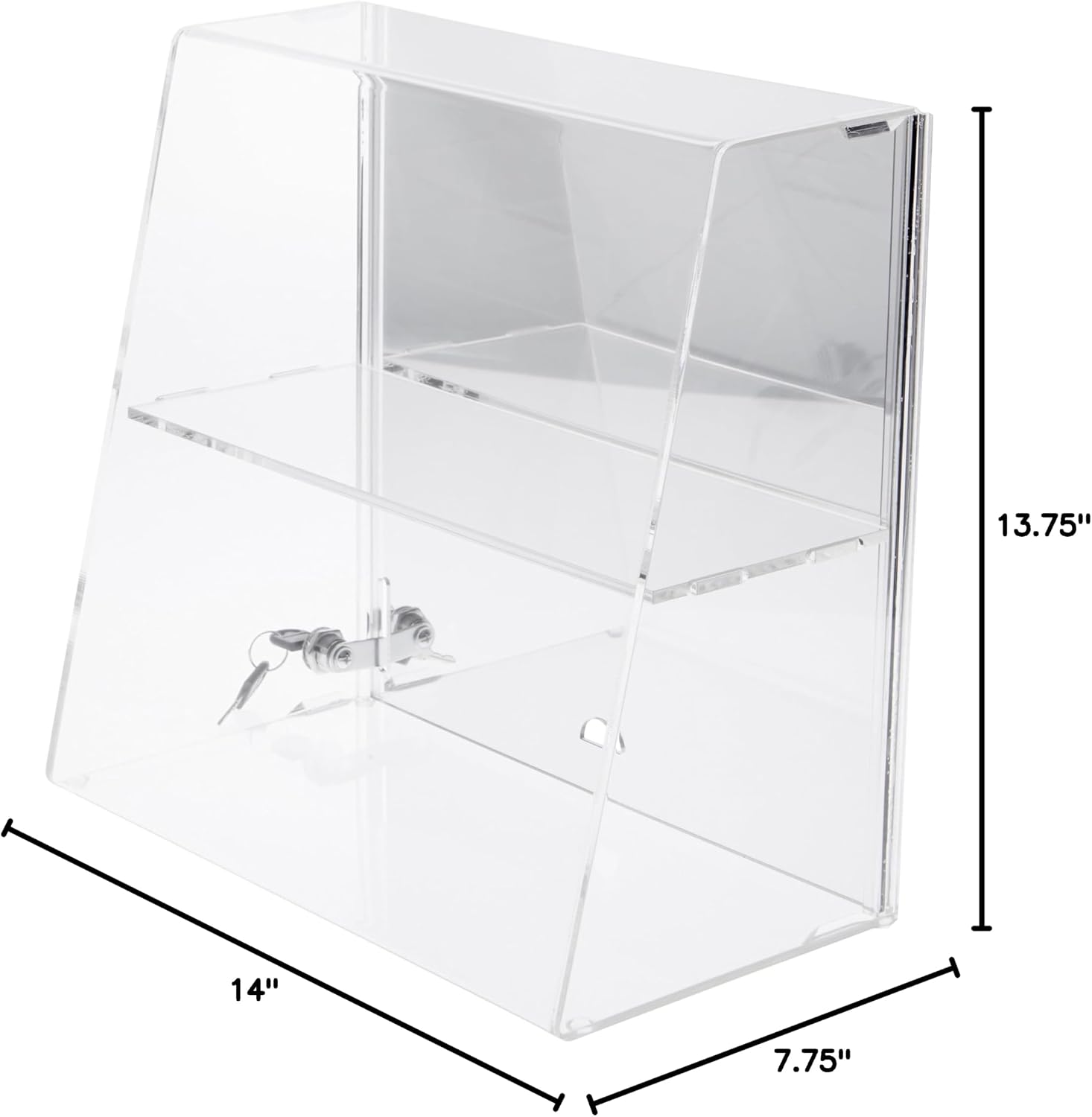 Plymor Clear Acrylic Locking Display Case with Slanted Front and Sliding Back, 1 Flat Shelf (Mirrored), 13.75" H x 14" W x 7.75" D