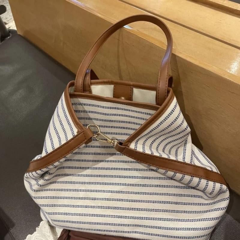 Bolso tote para mujer, de gran capacidad con rayas, estilo informal y relajado para trabajo, bolso de hombro de lona con cierre magnético miniatura 3