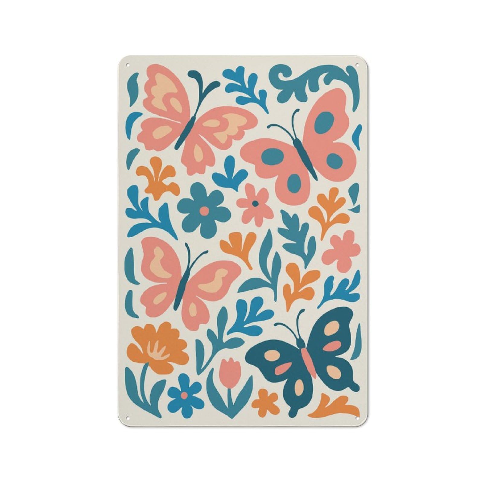 Junmoney Style-1 Colorful Butterflies And Flowers Illustration Tin Sign 30X20cm, Modern Vintage Creative Space Decor For Hobby Room, Office, Lounge Or Living Room