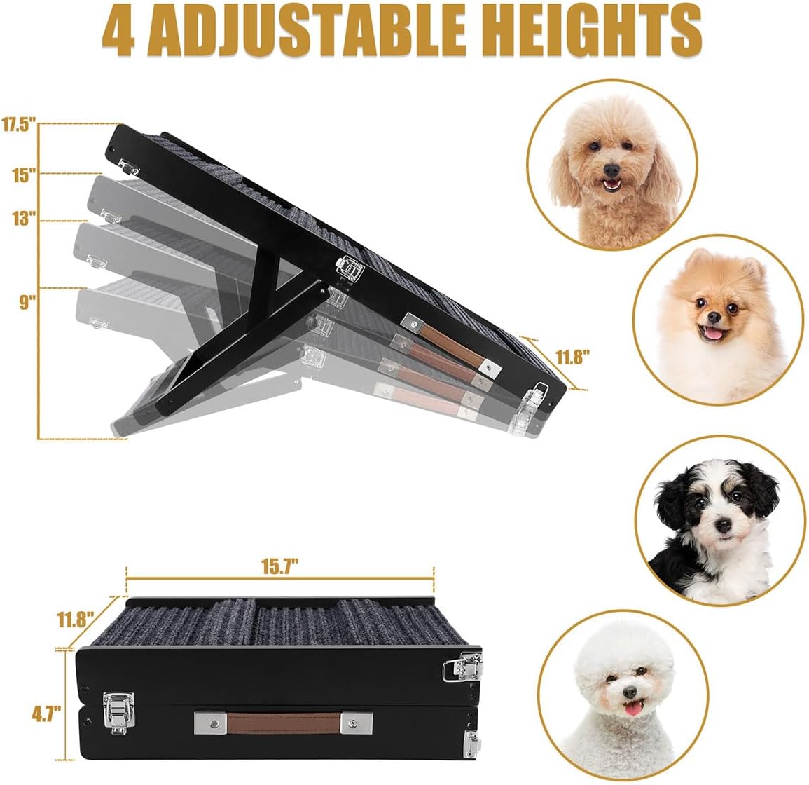 Okydoky Small Dog Ramp, Portable Folding Pet Stair Ramp, 32" Long Wooden Pet Ramp with Non-Slip Carpet Surface, Adjustable 4 Levels Height, Foldable Dog Car Ramp for Sofa, Couch, Car (Black) NO.LGPT12