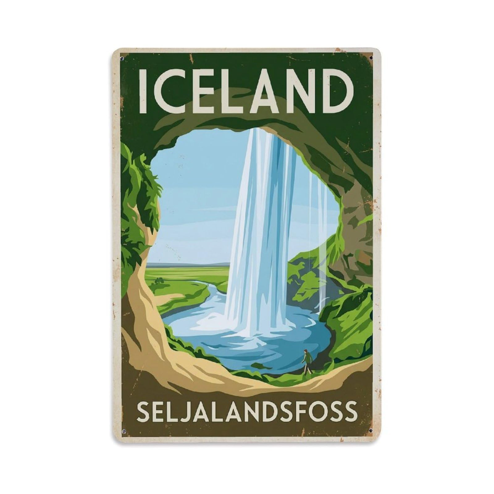 Vintage Travel Seljalandsfoss Iceland Metal Tin Sign Plaque Wall Decor for Cafe, Club Bar, Office, Home Garden Metal Poster 8x12Inch