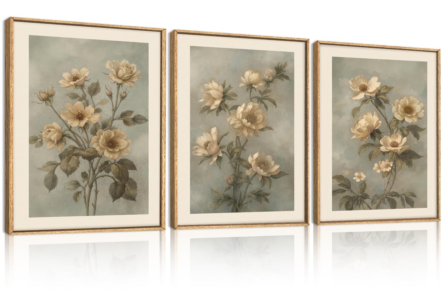 KAIRNE Vintage Moody Botanical Flower Framed Canvas Wall Art Set-12"x16"x3 | Green Beige Floral Wall Decor,Rustic Wildflower Art Prints,Boho Minimalist Artwork for Living Room,Bedroom,Farmhouse,Office