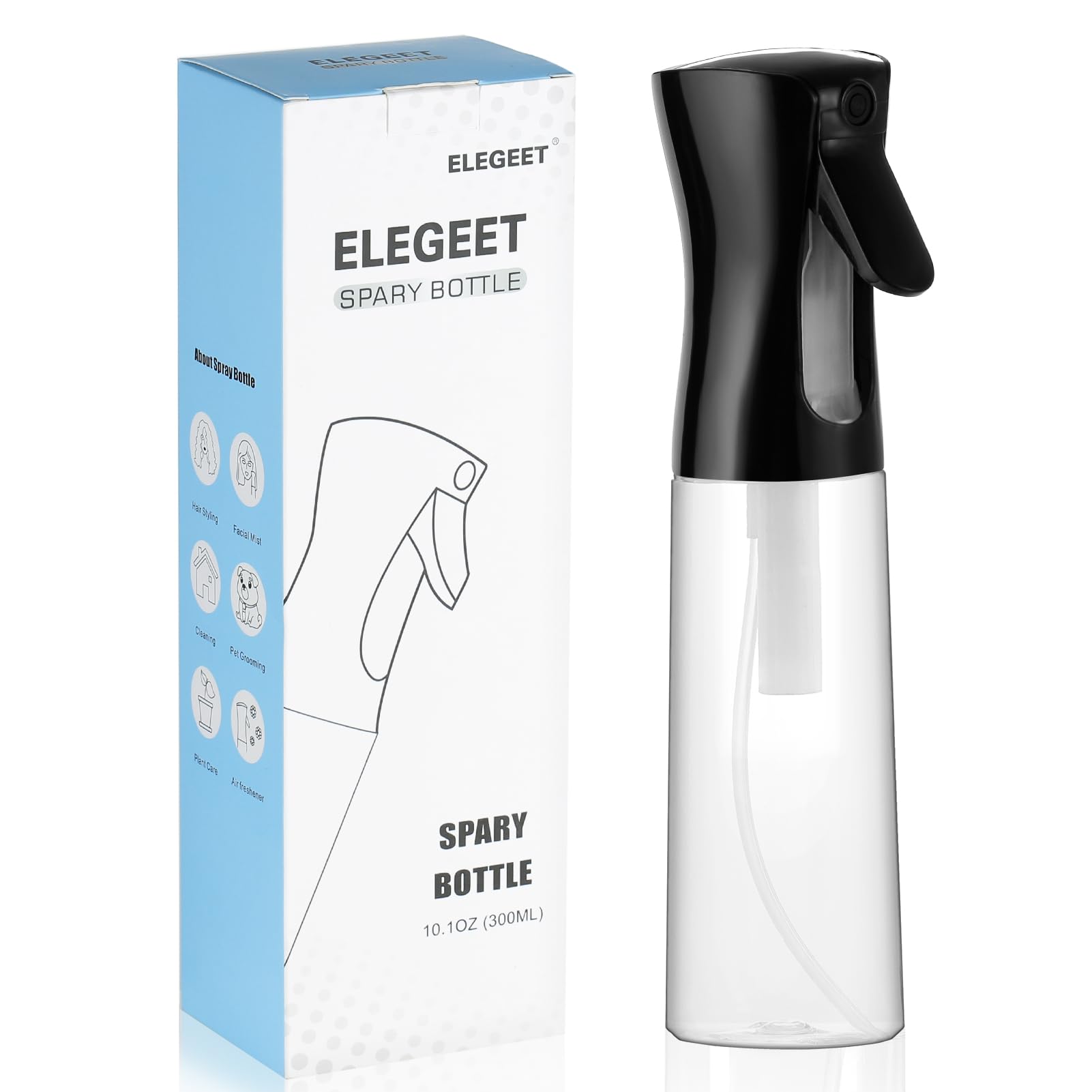 Continuous Spray Bottle(10oz/300ml) - Water Mister Spray Bottle for Hair Styling, Cleansing, Plants, Salon, Skincare, and More?Black Clear?